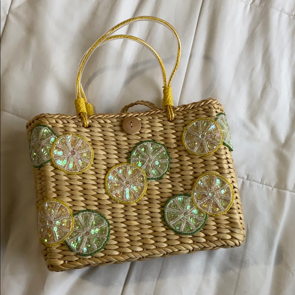 Vintage wicker lemon lime embroidered bag